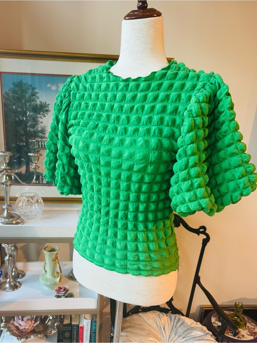 Anthropologie Bright Green Textured Puff-Sleeve Top